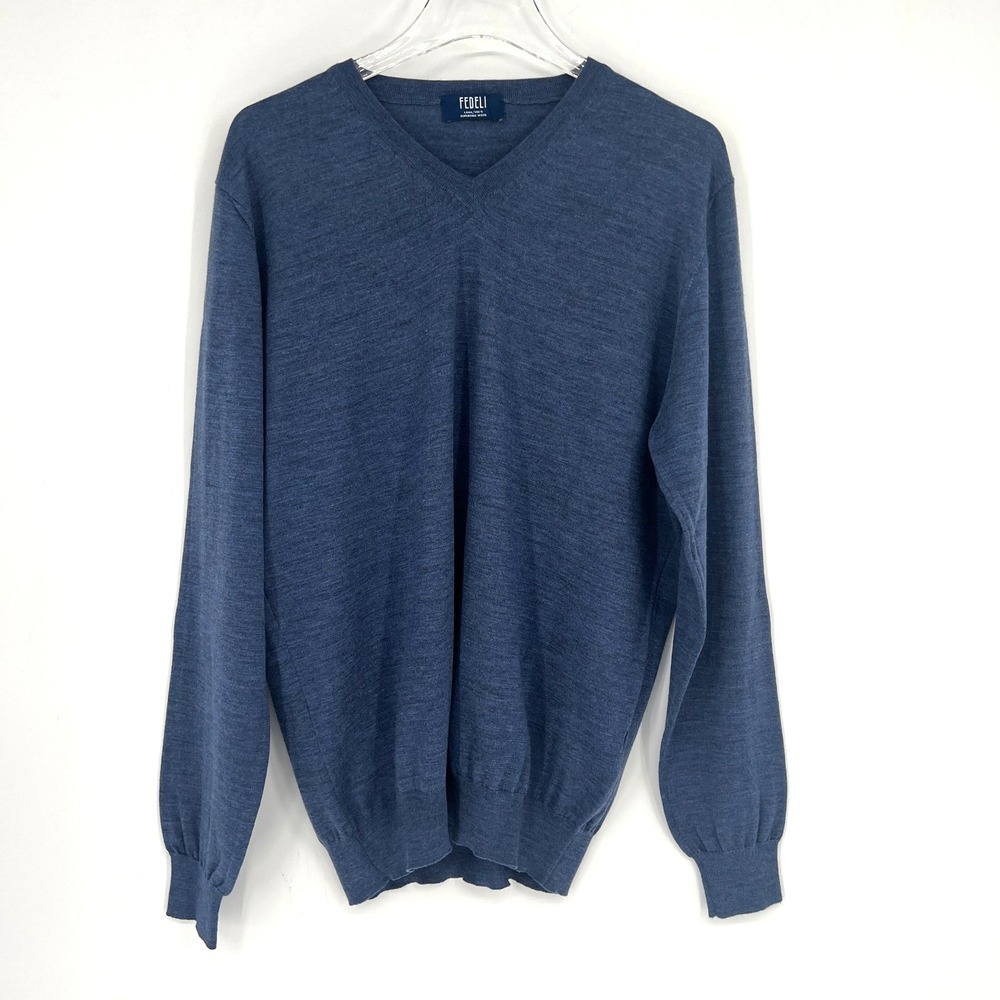 Fedeli Sweater Mens 56IT US 2XL Virgin‎ Wool 140s Blue Classic Italian Preppy